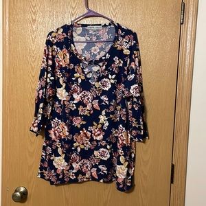 Absolutely Famous Navy Blue Floral Top with Three Quarter Sleeves
